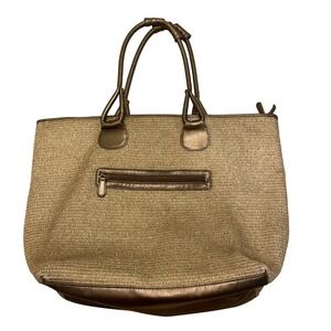 Bath & Body Works Gold Woven Tote Bag Purse with Exterior Pocket Glam